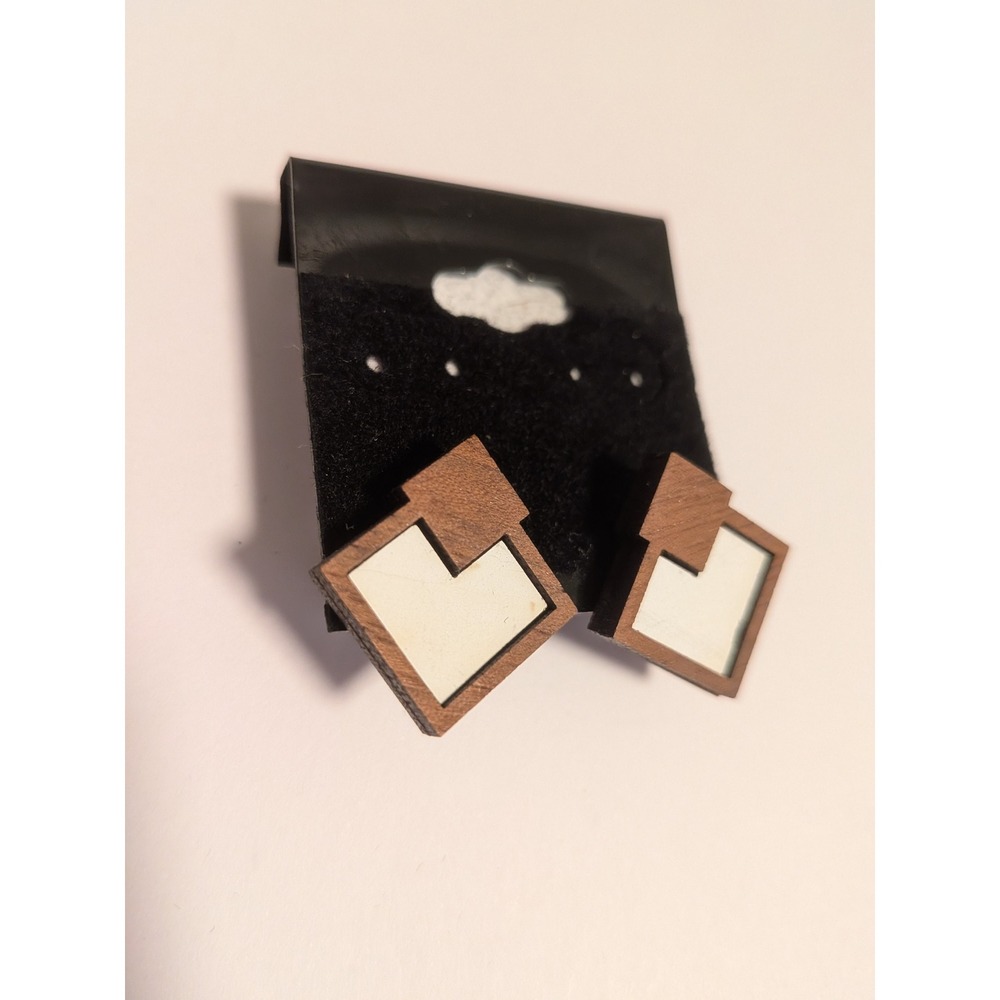 Geometric Wood‎ Stud Earrings White Brown Square Architectural Minimalist Design
